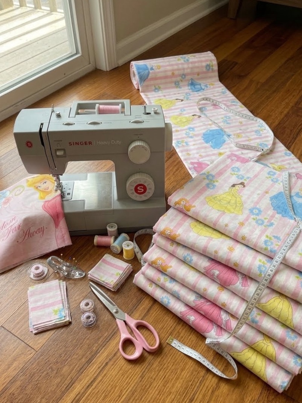 Vintage Y2K Disney Princess Twin Bed Sheet Set 3pc Pink Stripe Fabric DIY Sewing
